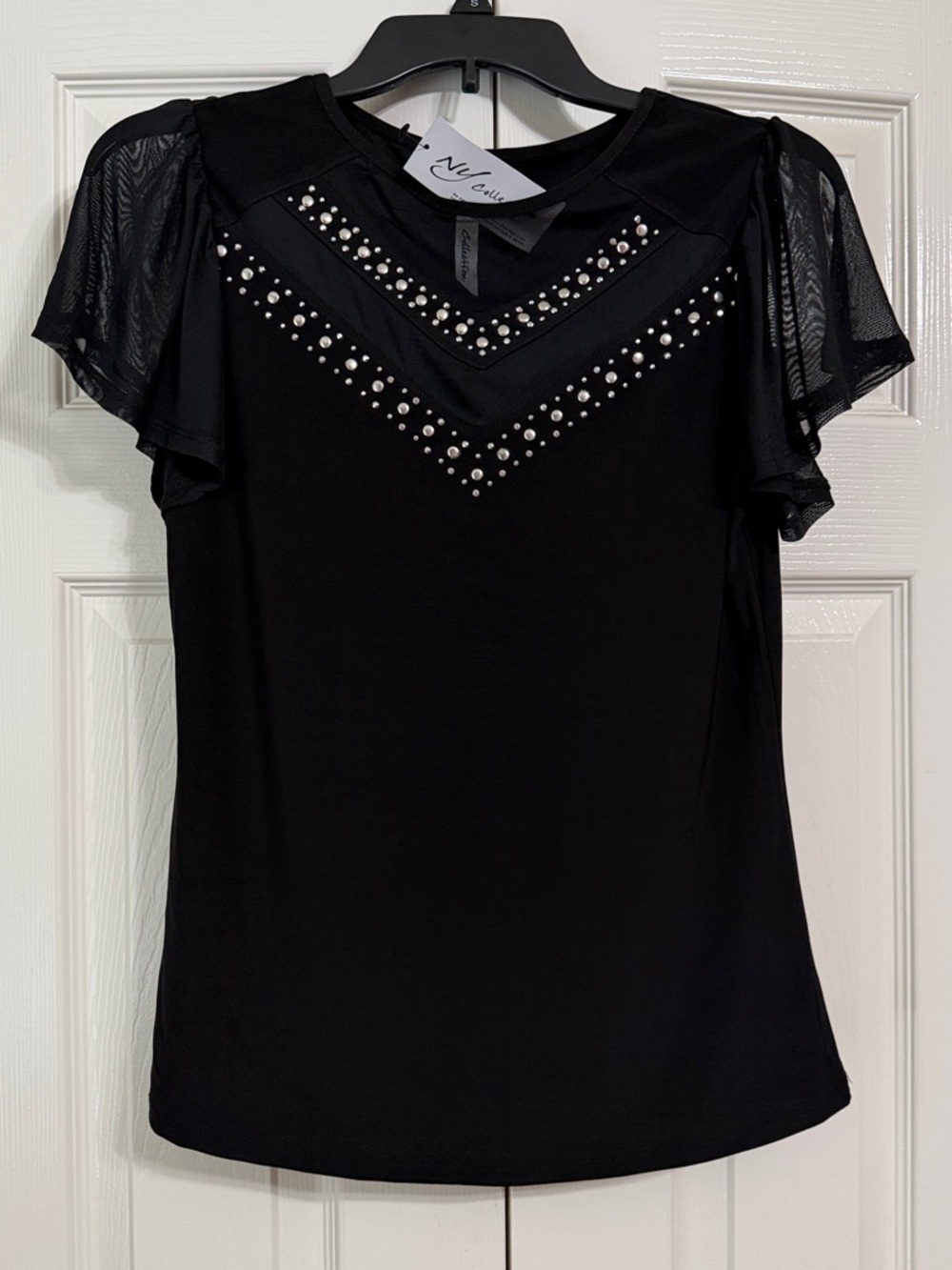 NWT! NY Collection Black Mesh Flutter Sleeve Top Size Small